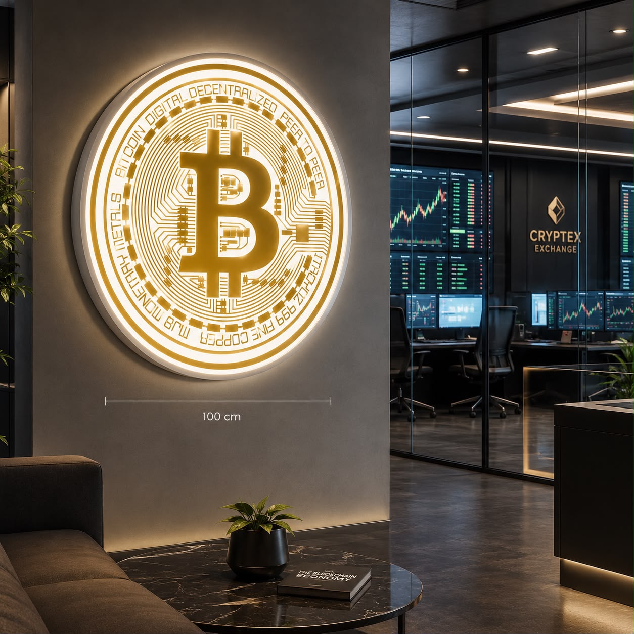 Bitcoin LED Wall Light Sign – Gold Metal Frame – 100 cm thumb 3