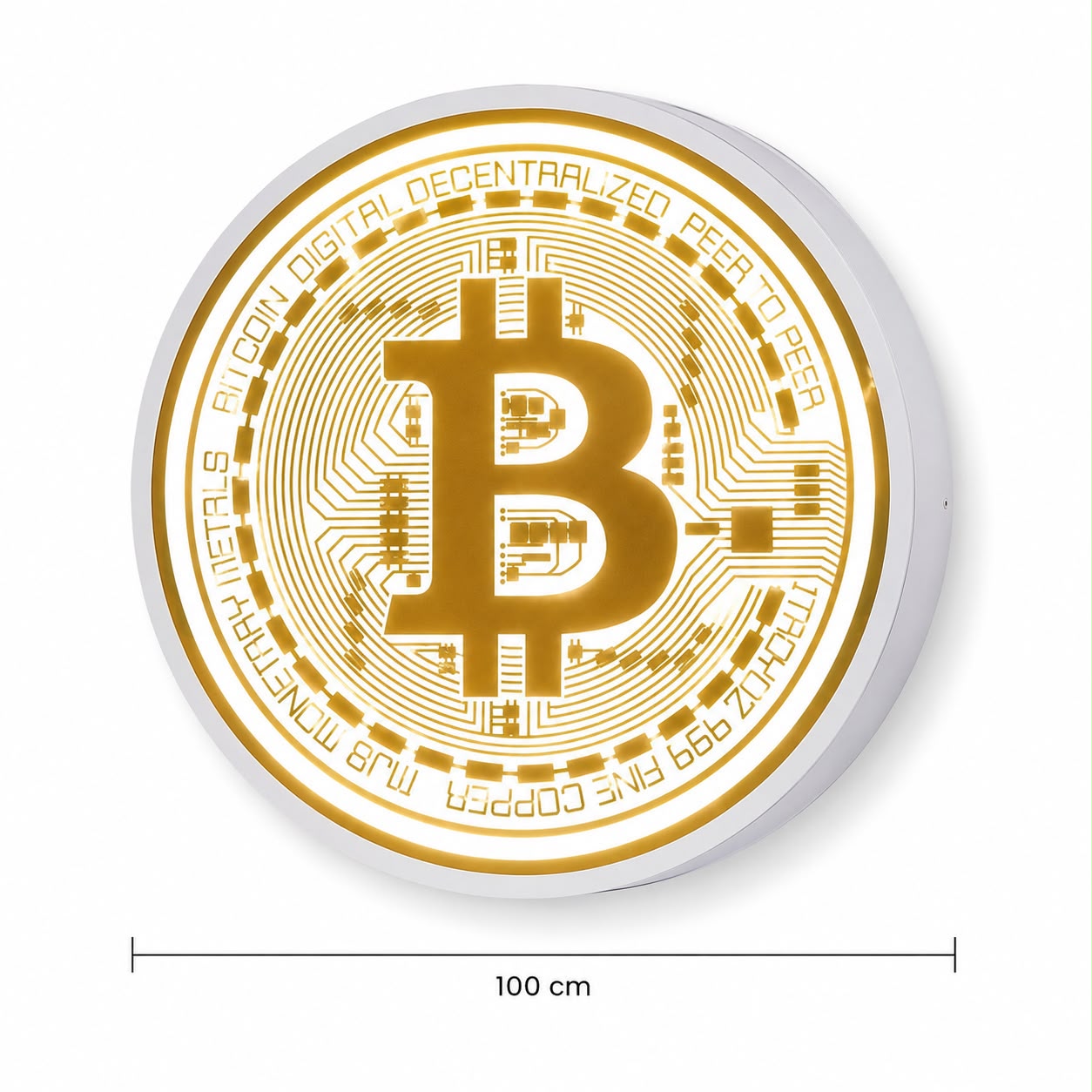 Bitcoin LED Wall Light Sign – Gold Metal Frame – 100 cm