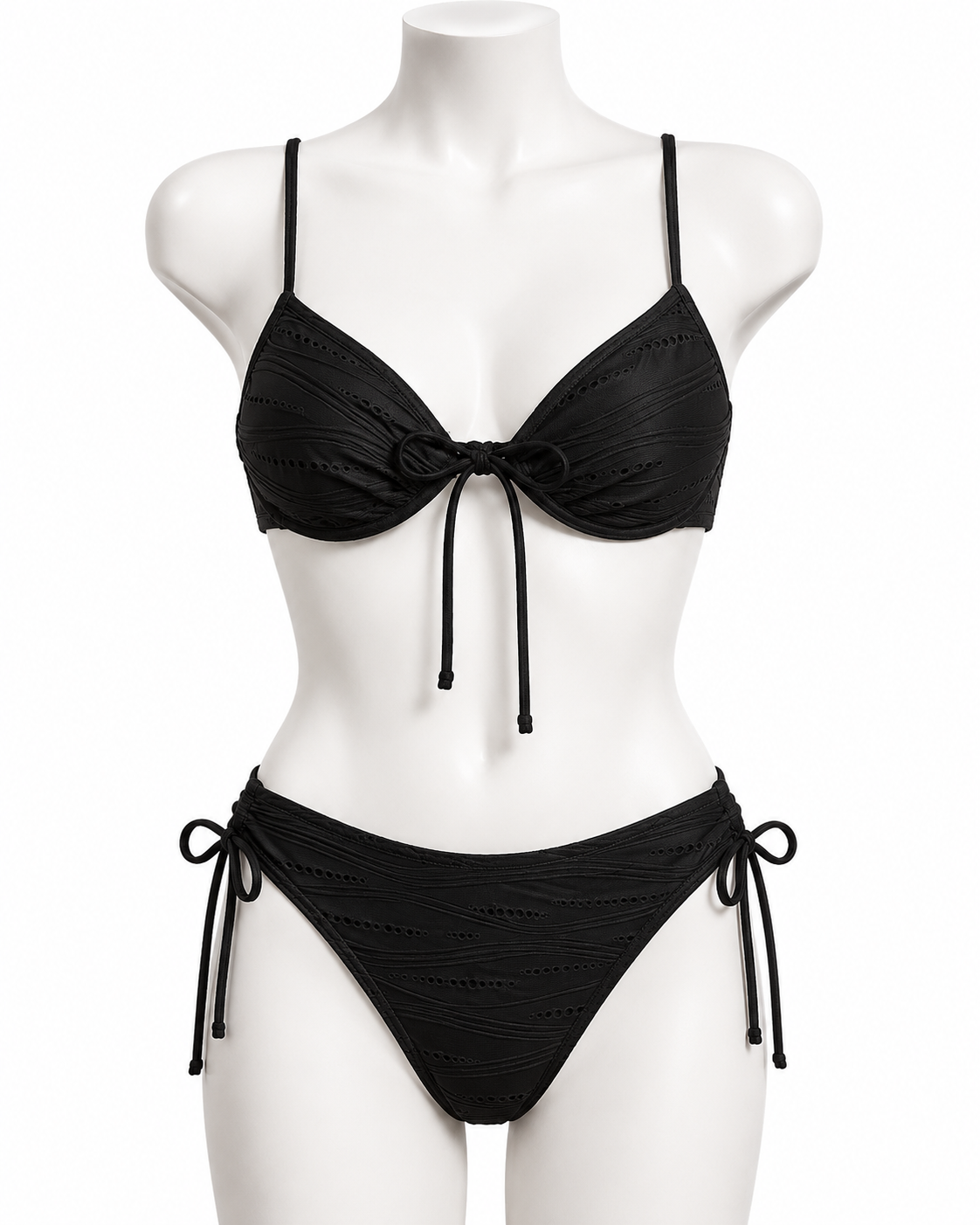 Black Textured Underwire Bikini Set with Side Tie Bottom thumb 2