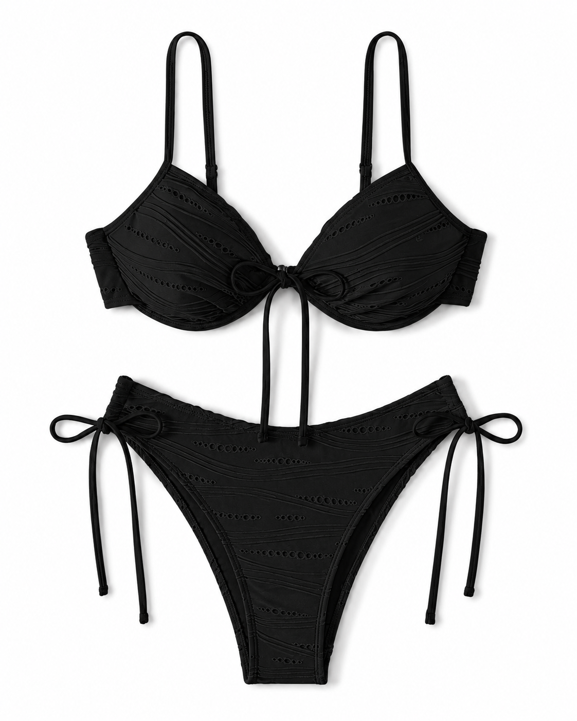 Black Textured Underwire Bikini Set with Side Tie Bottom