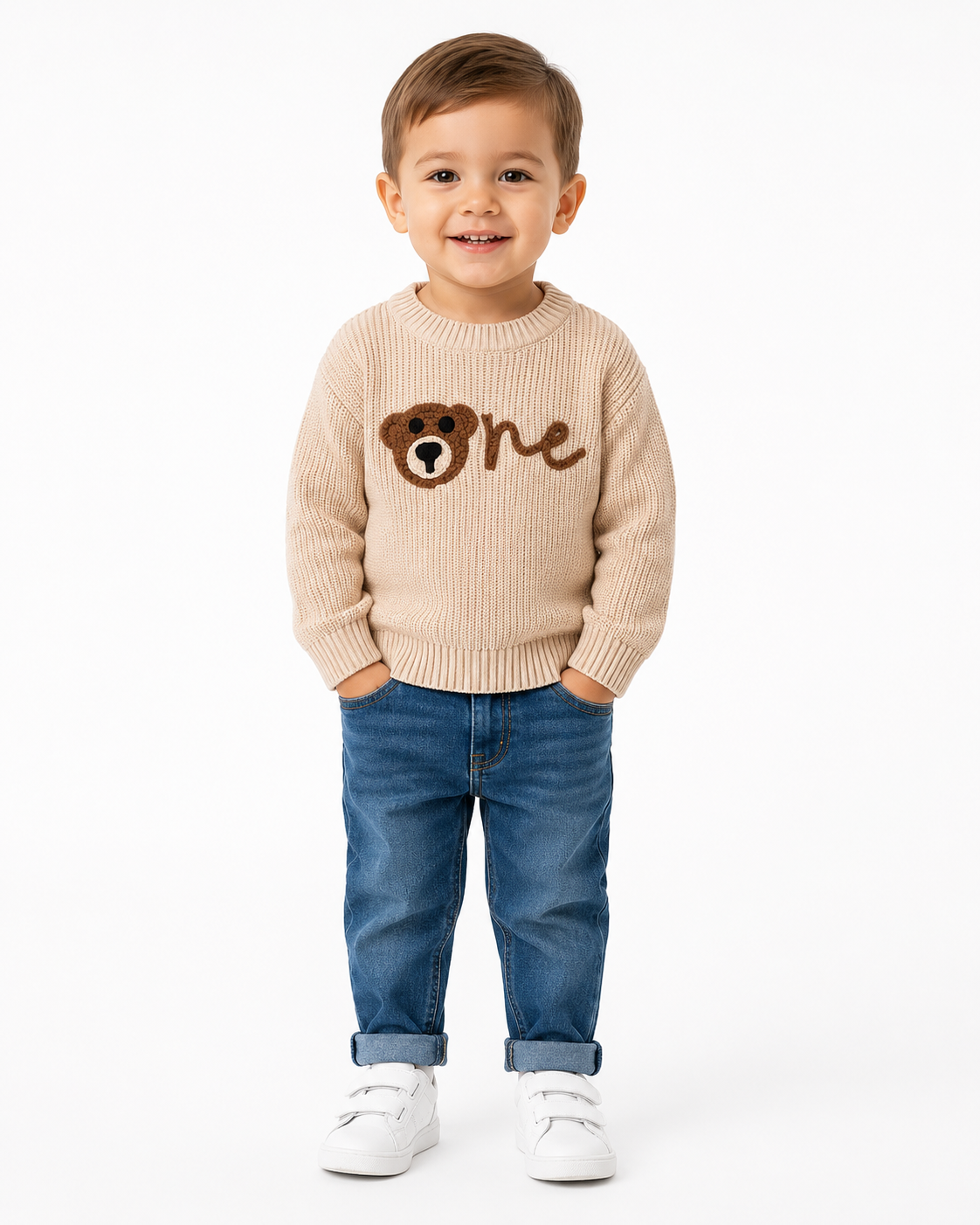 Kids Beige Teddy Bear Knit Sweater thumb 2