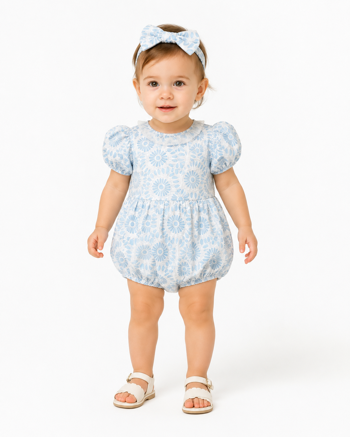 Baby Girl Blue Floral Puff Sleeve Romper with Matching Headband thumb 2