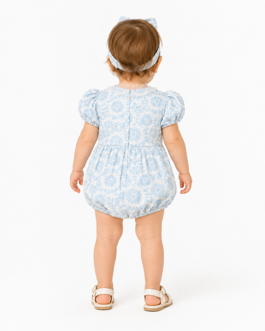 Baby Girl Blue Floral Puff Sleeve Romper with Matching Headband thumb 3