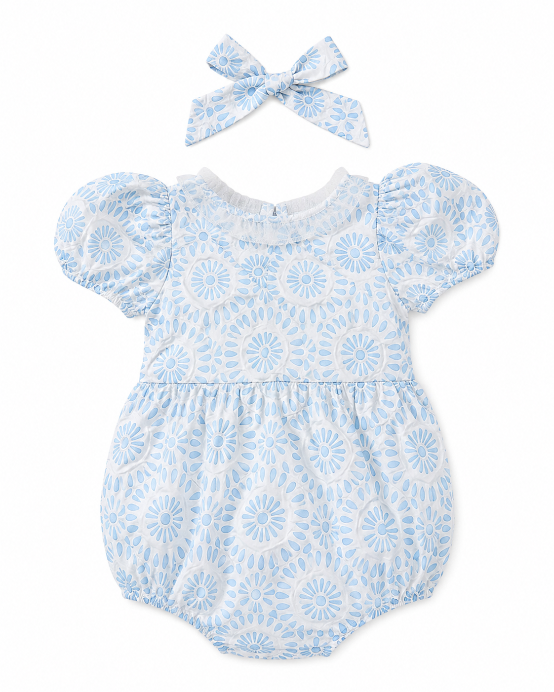 Baby Girl Blue Floral Puff Sleeve Romper with Matching Headband