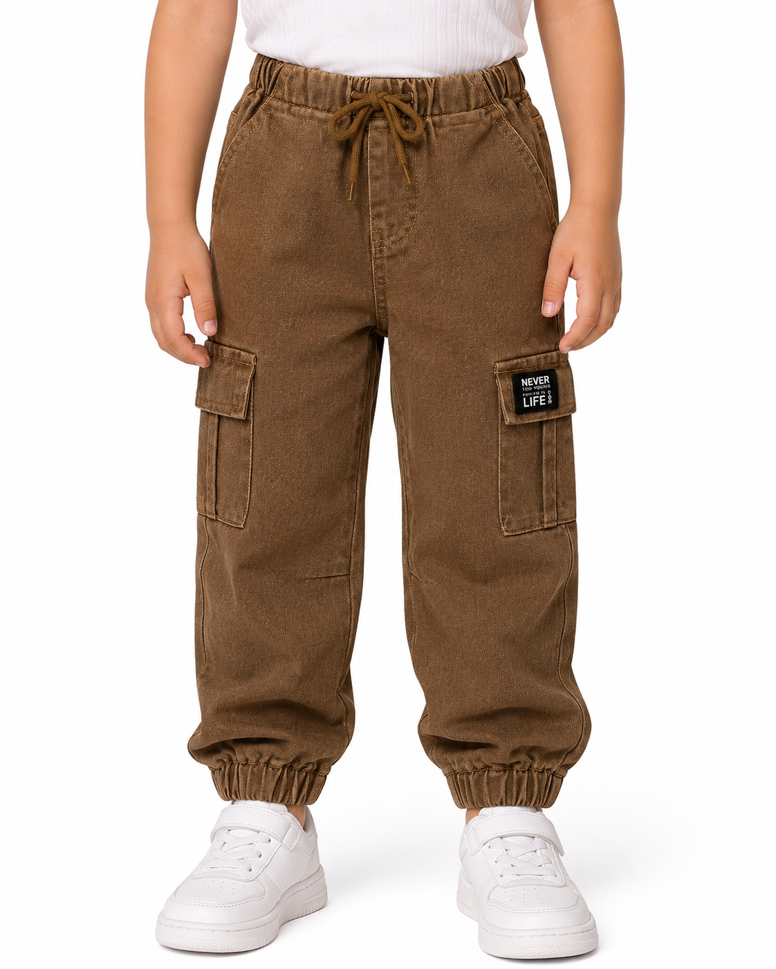 Kids Brown Denim Cargo Jogger Pants thumb 2