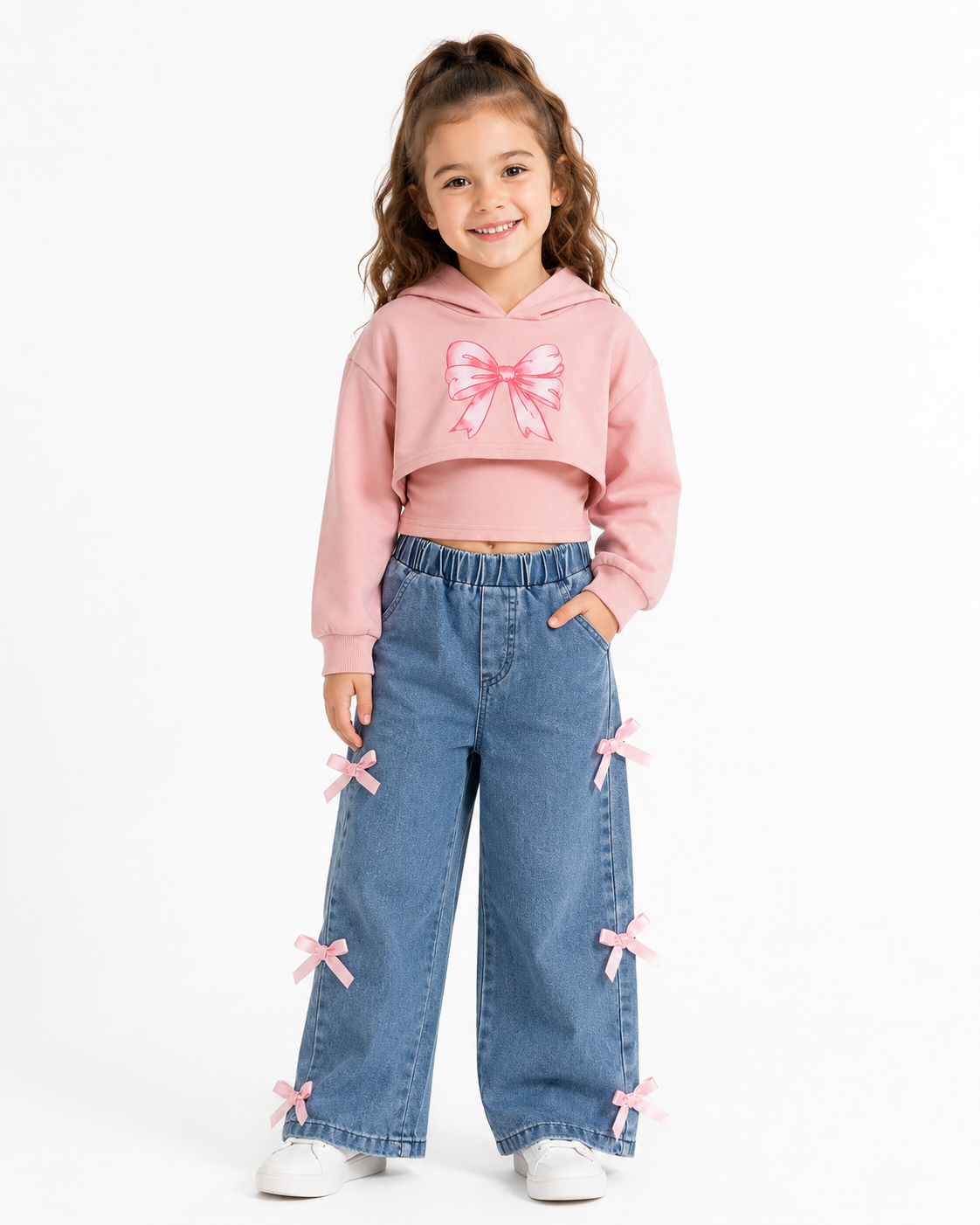 Girls 3-Piece Pink Bow Hoodie Top & Denim Pants Set thumb 2