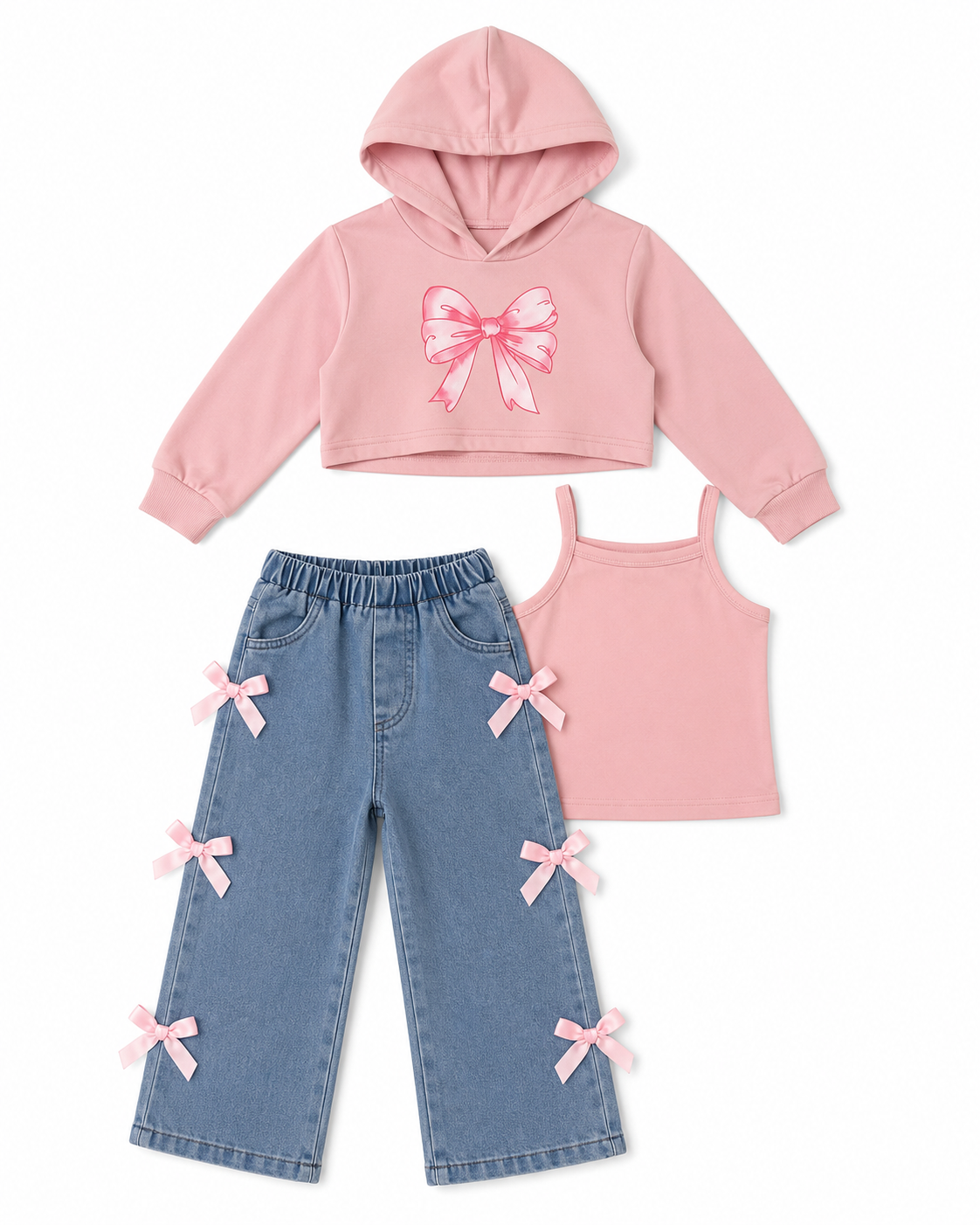 Girls 3-Piece Pink Bow Hoodie Top & Denim Pants Set