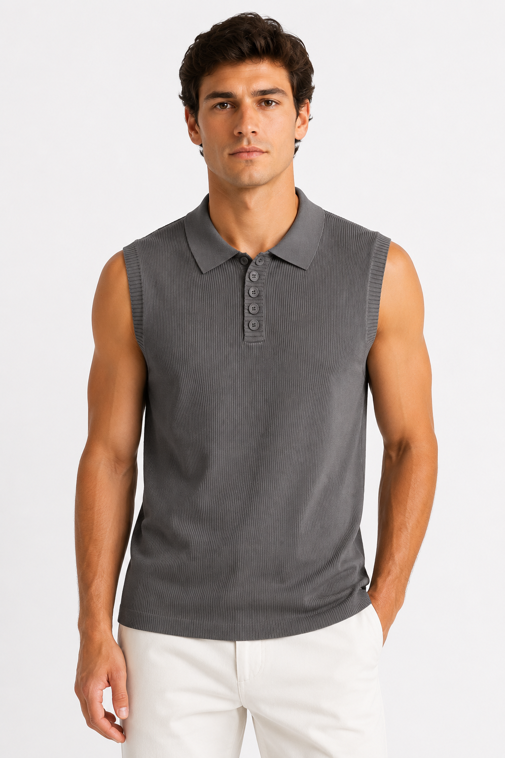 Men’s Grey Ribbed Sleeveless Polo thumb 2