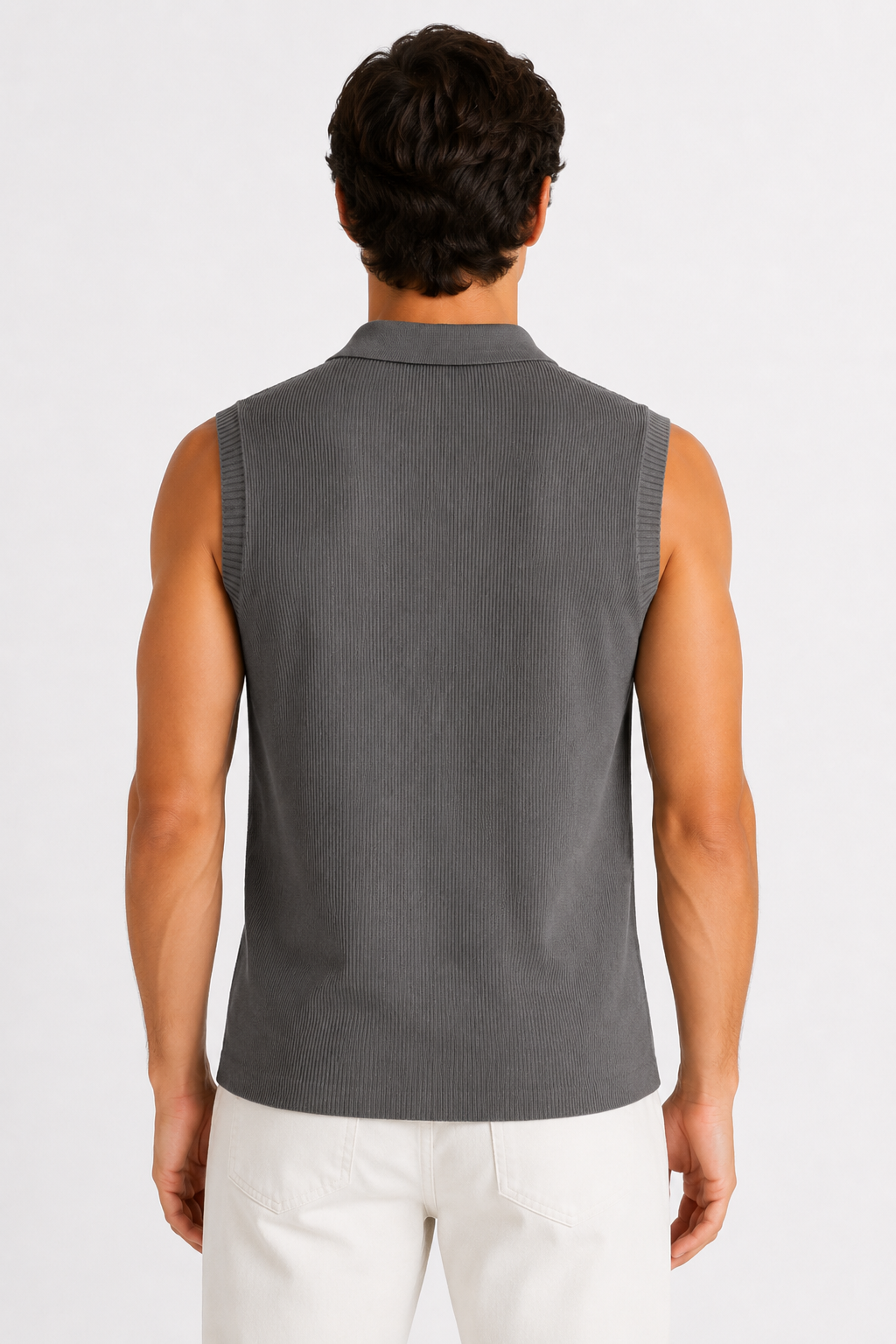 Men’s Grey Ribbed Sleeveless Polo thumb 3