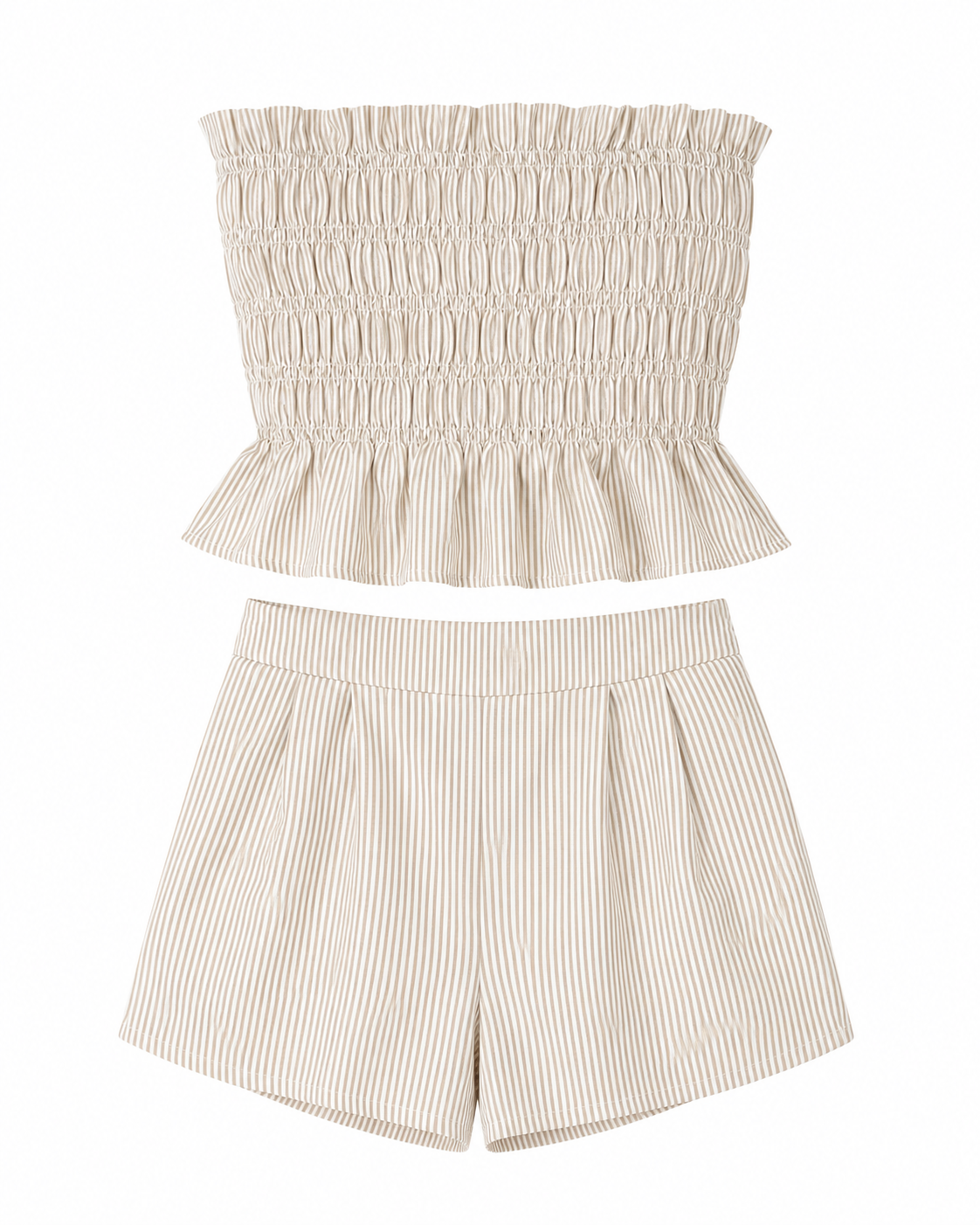 Women’s Beige Striped Smocked Top & Shorts Set