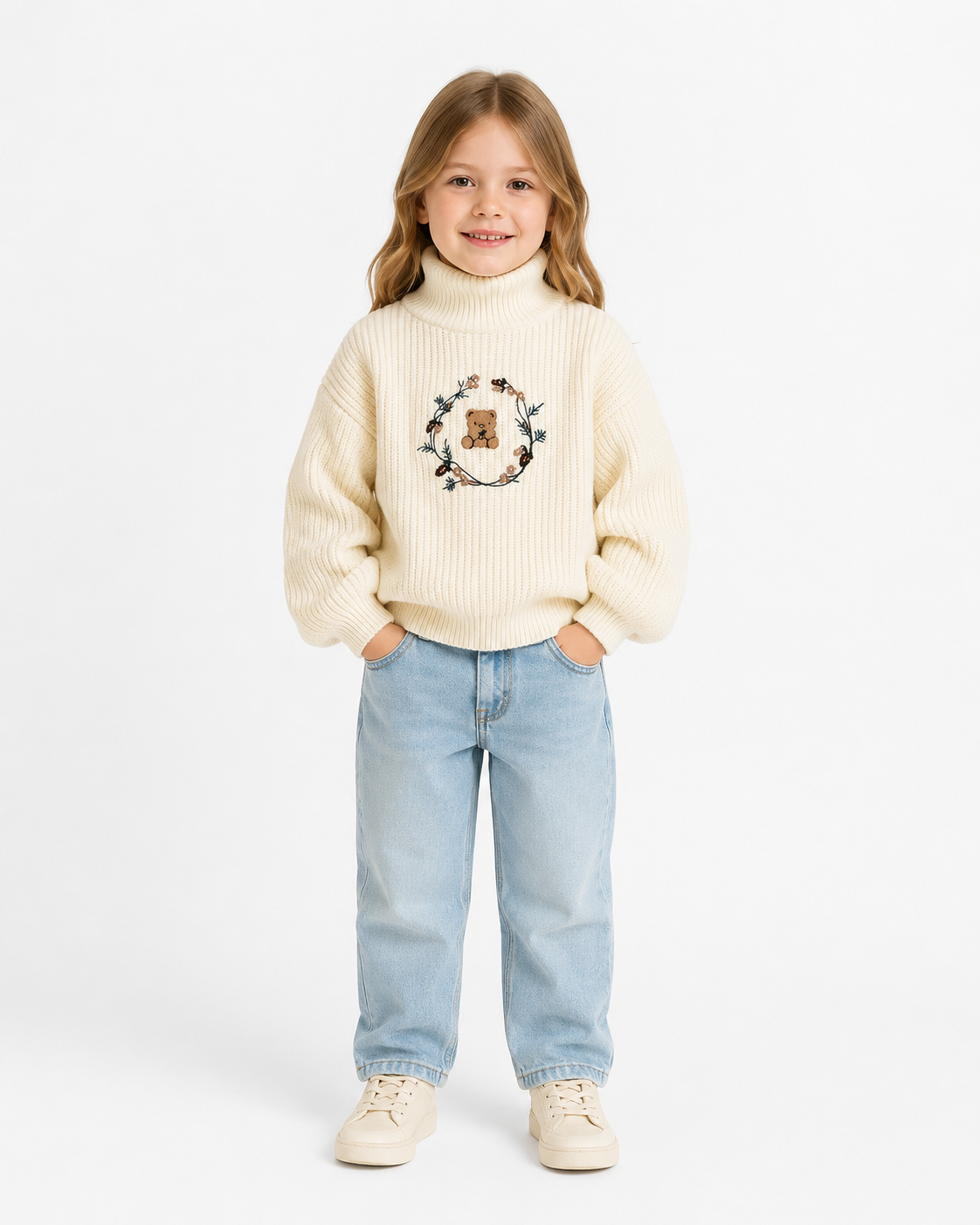 Girls Cream Teddy Embroidered Cropped Turtleneck Sweater thumb 2