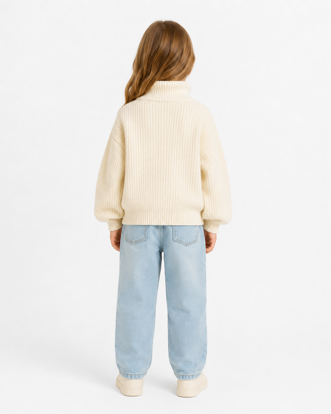 Girls Cream Teddy Embroidered Cropped Turtleneck Sweater thumb 3