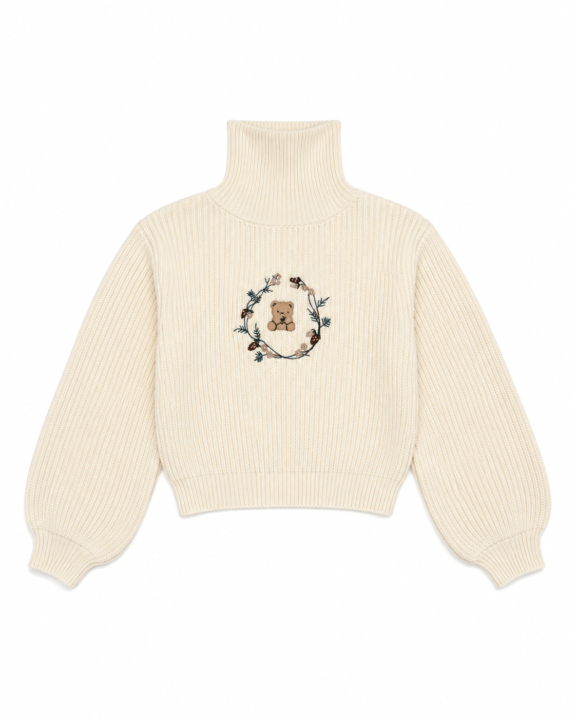 Girls Cream Teddy Embroidered Cropped Turtleneck Sweater