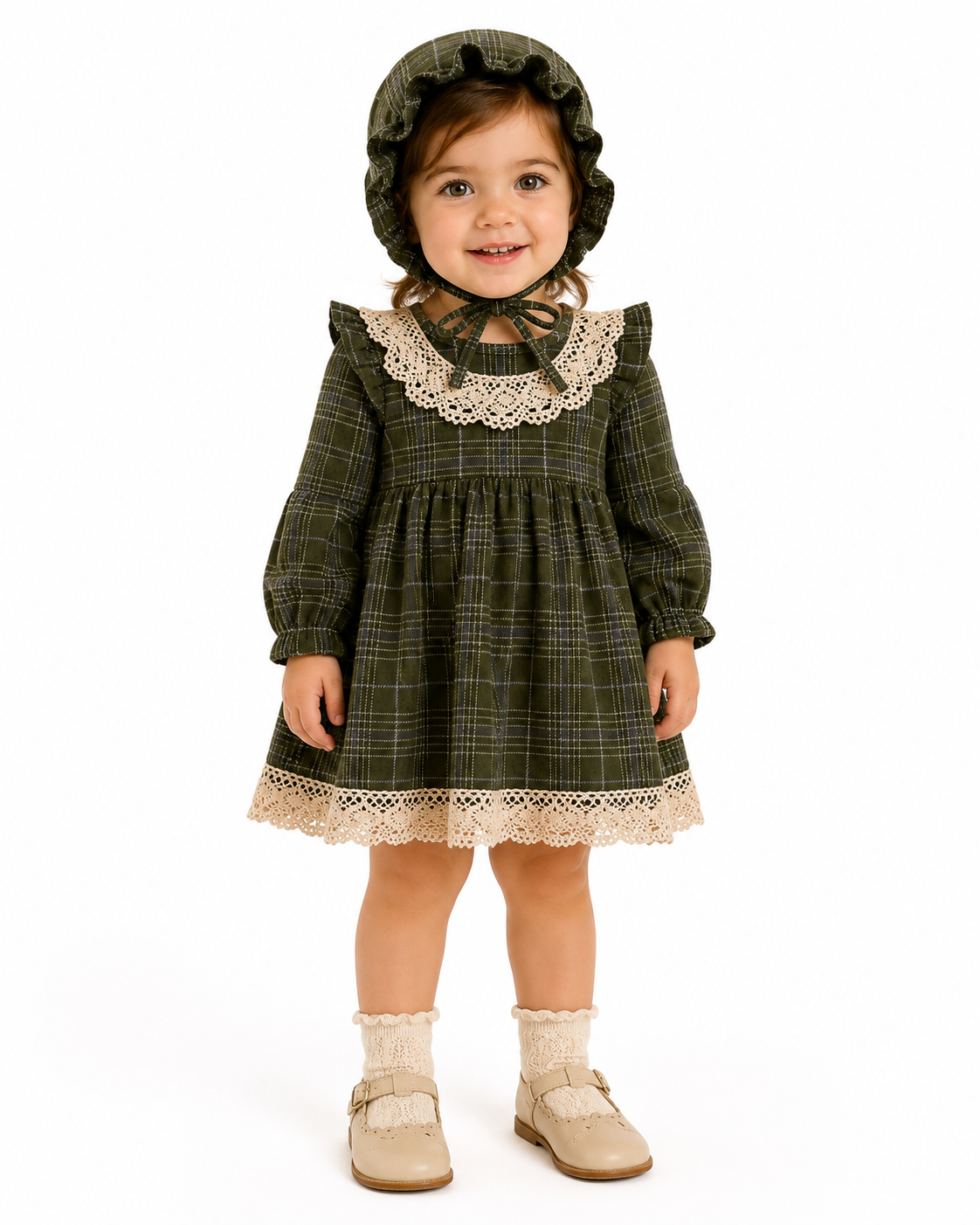 Baby Girls Green Plaid Lace Trim Dress with Matching Bonnet thumb 2