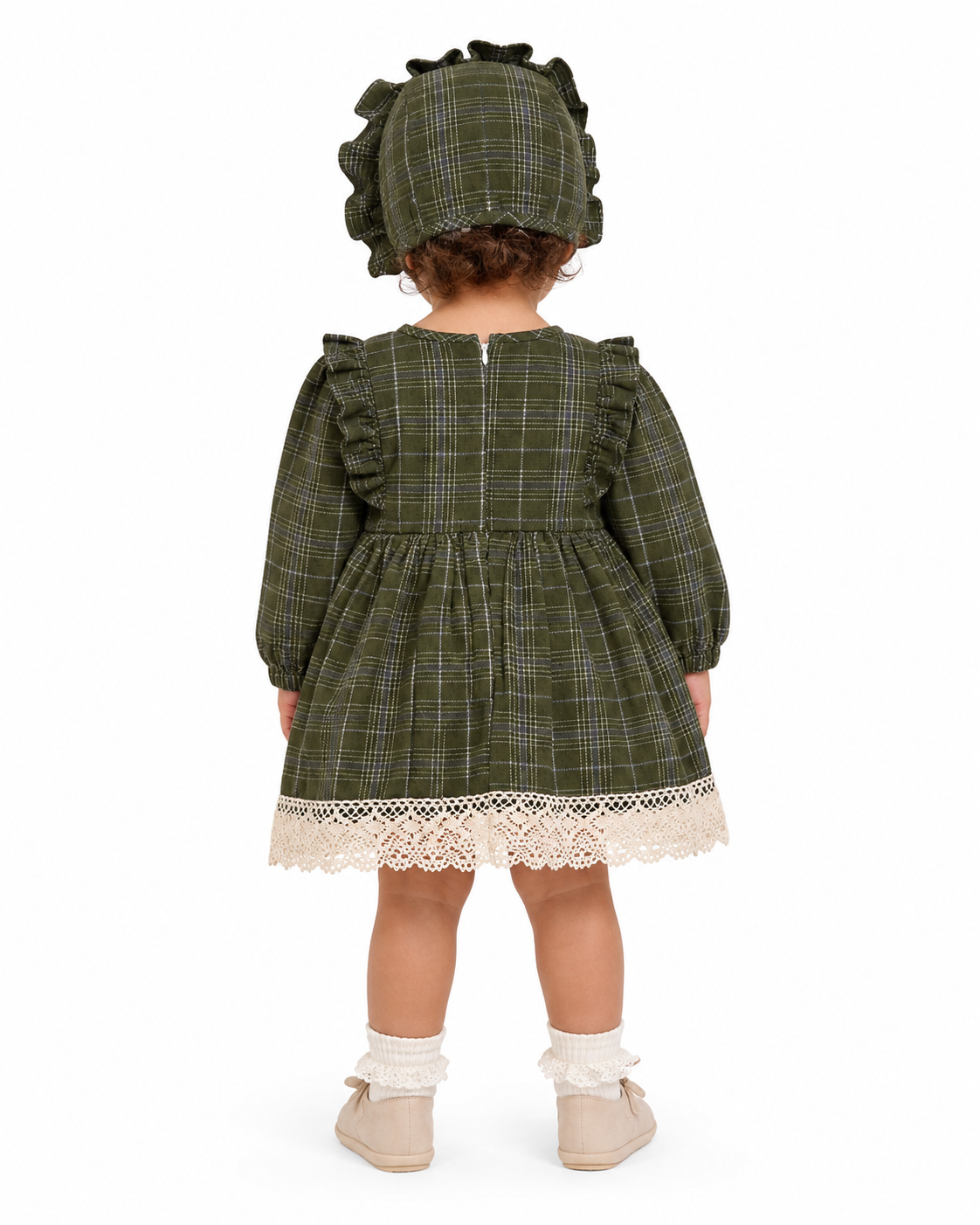 Baby Girls Green Plaid Lace Trim Dress with Matching Bonnet thumb 3