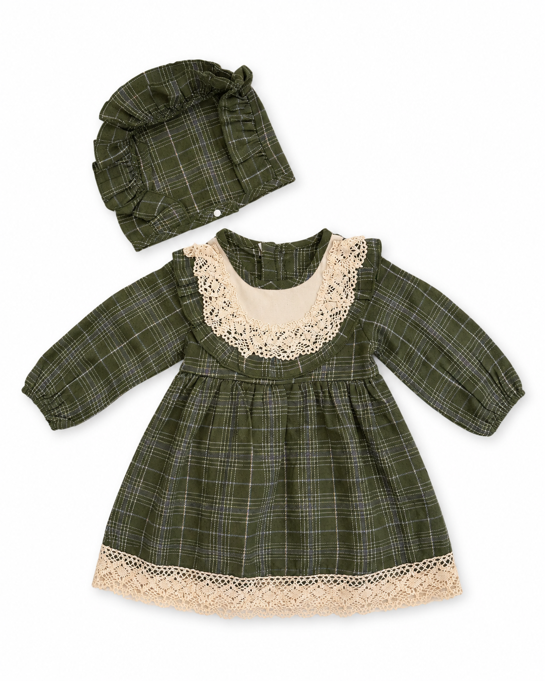 Baby Girls Green Plaid Lace Trim Dress with Matching Bonnet