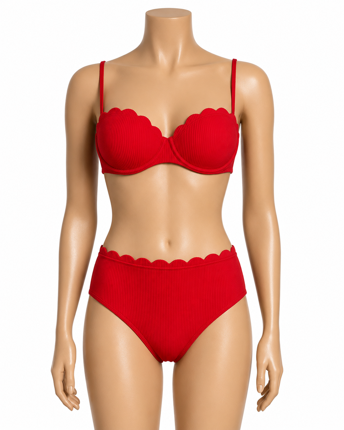 Red Ribbed Underwire Bikini Set with Scallop Trim thumb 2