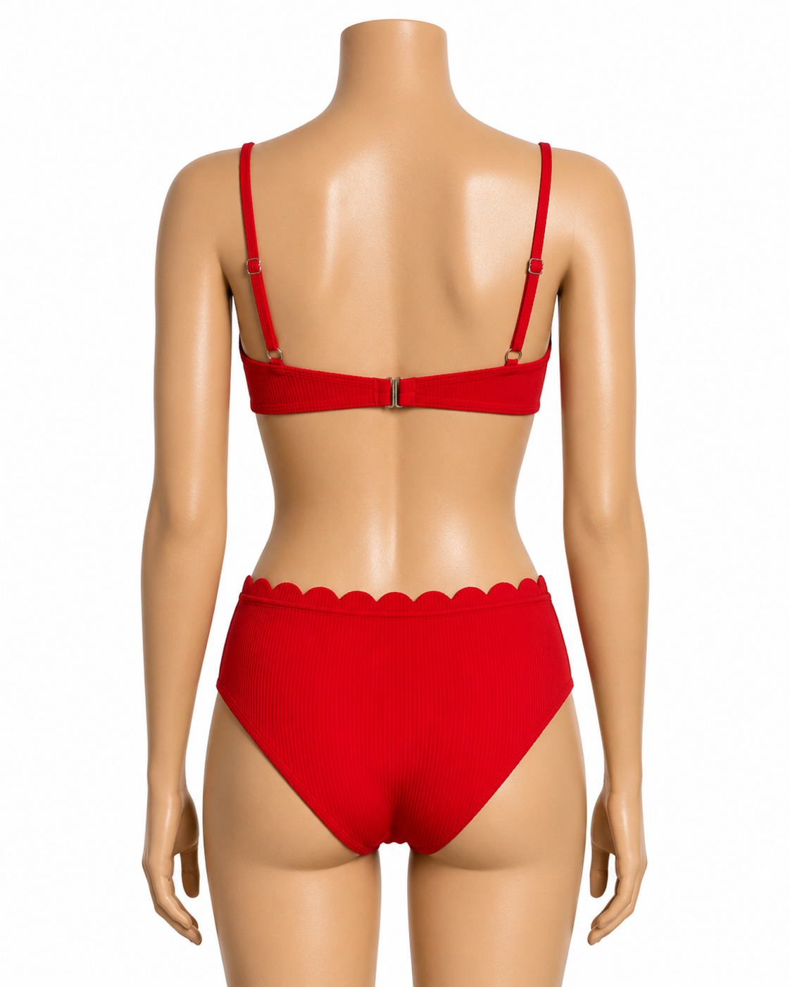 Red Ribbed Underwire Bikini Set with Scallop Trim thumb 3