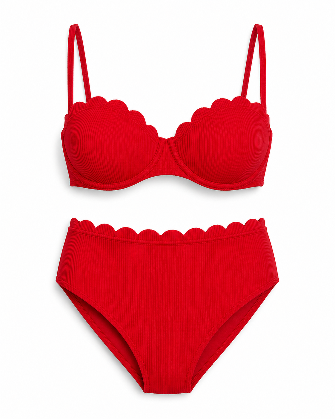 Red Ribbed Underwire Bikini Set with Scallop Trim