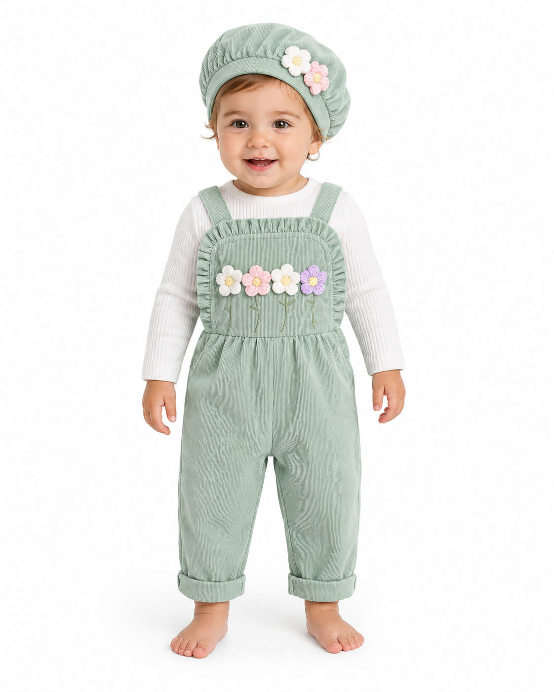 Baby Girls Floral Corduroy Overall Set with Hat thumb 2