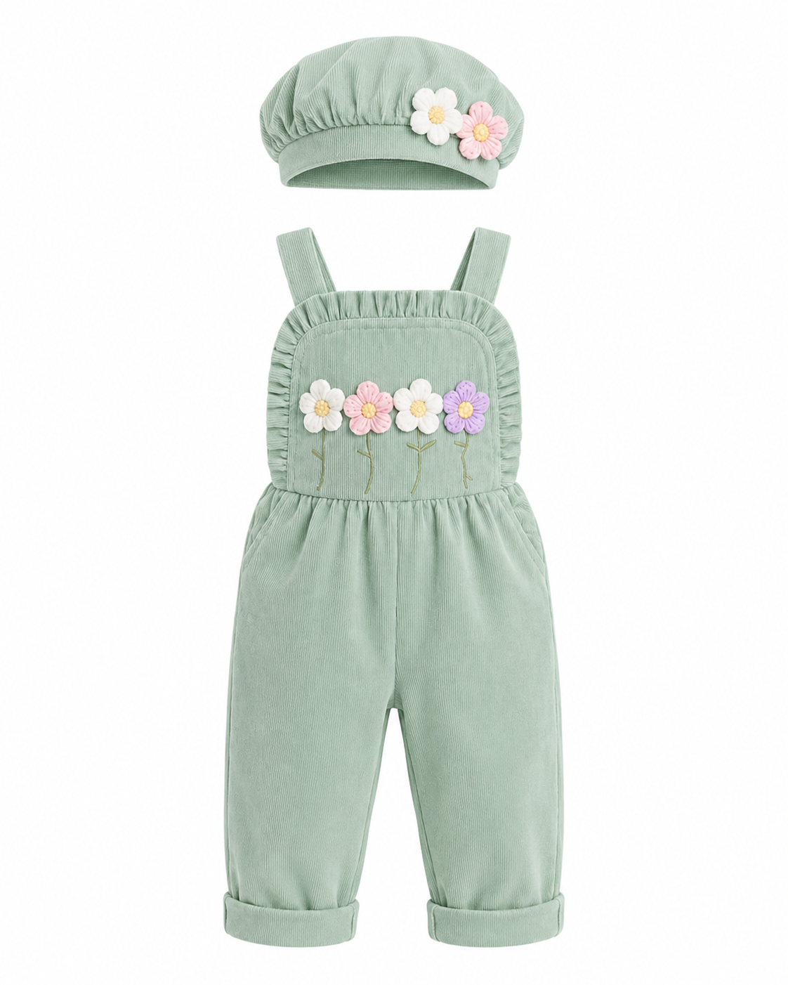 Baby Girls Floral Corduroy Overall Set with Hat