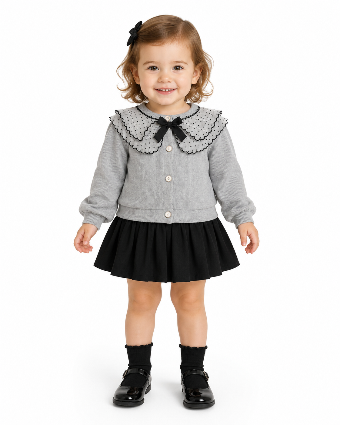 Girls 2-Piece Lace Collar Cardigan & Pleated Skirt Set thumb 2