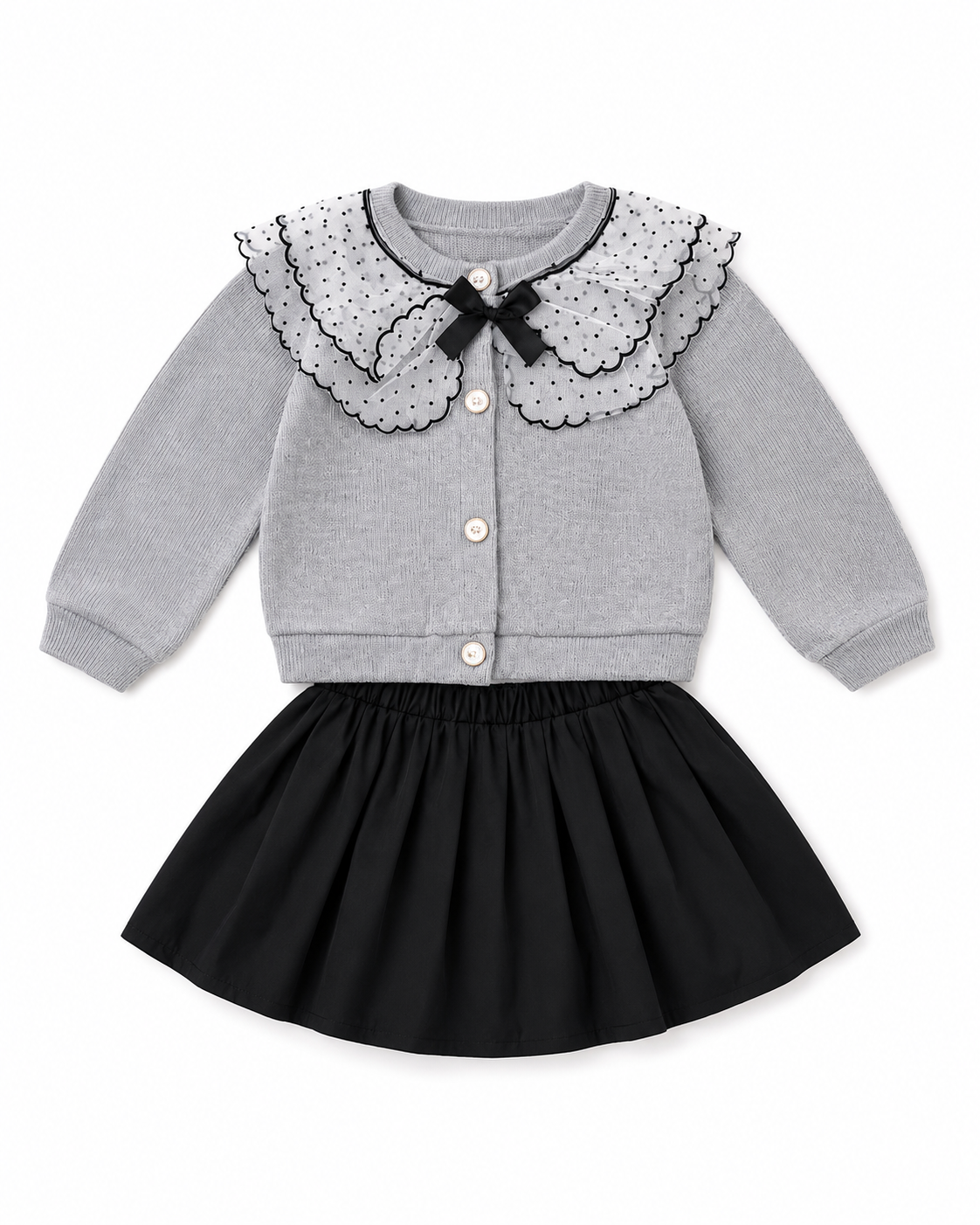 Girls 2-Piece Lace Collar Cardigan & Pleated Skirt Set