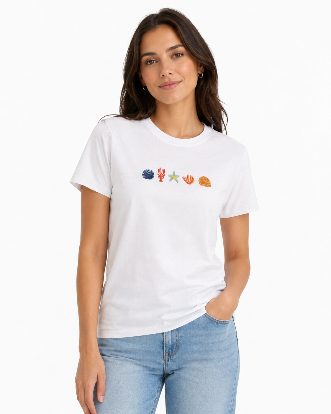 Women’s White Sea Shell Embroidered T-Shirt thumb 2
