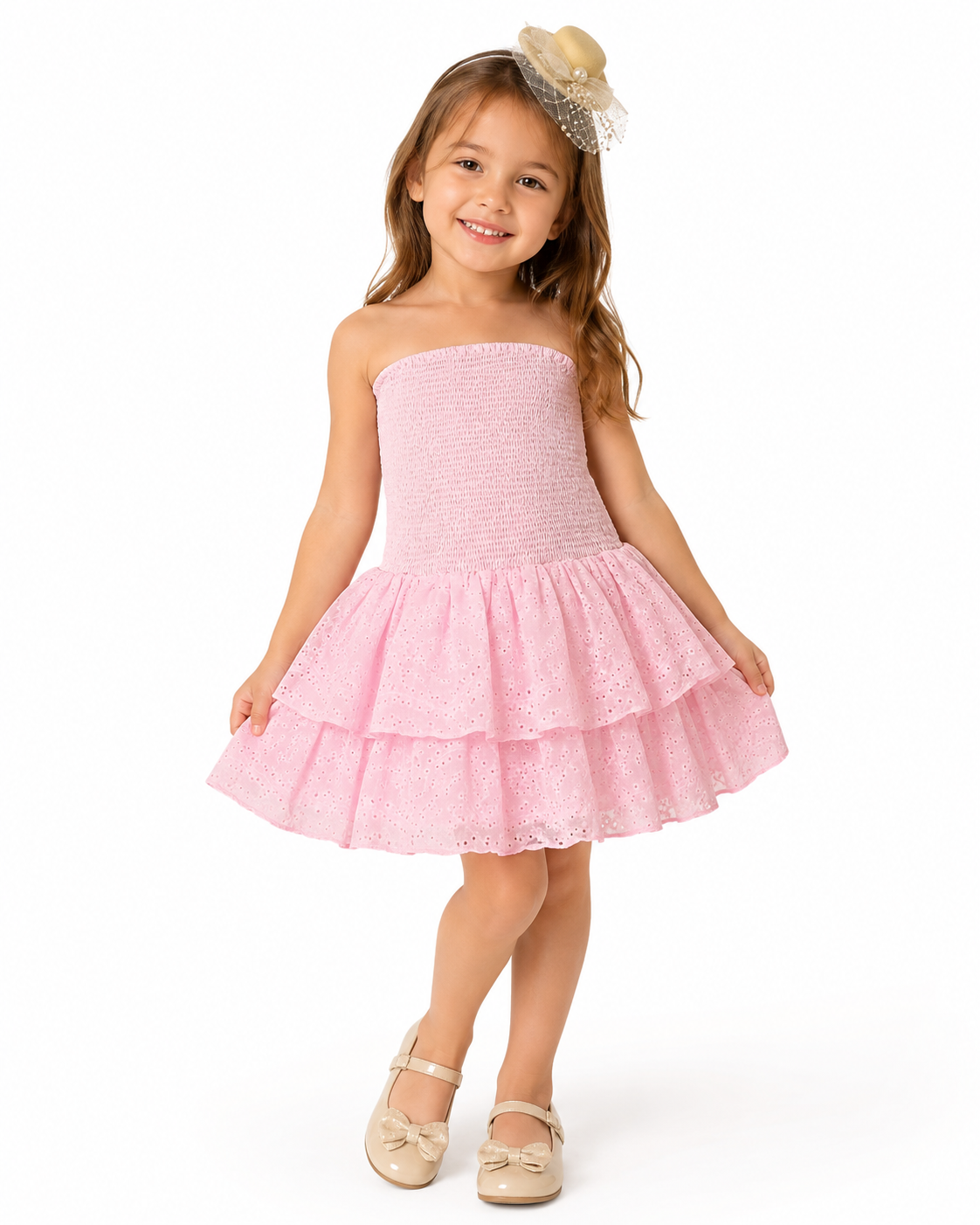 Product Name: Women’s Pink Smocked Eyelet Tube Dress thumb 2