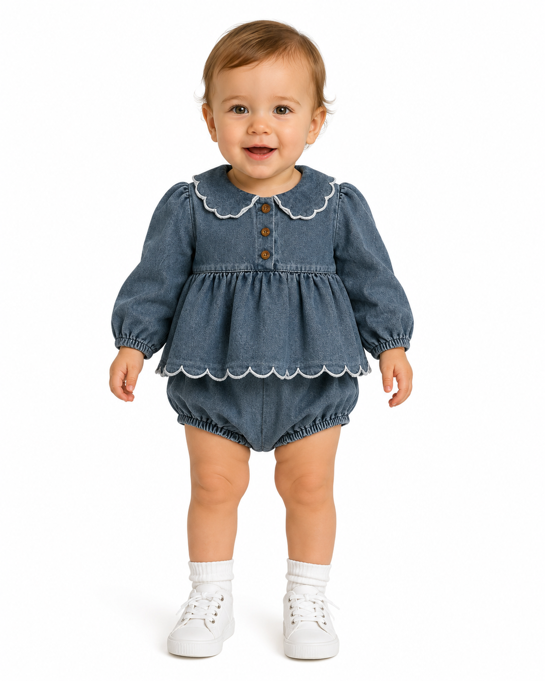 Baby Girls Blue Denim Scallop Romper thumb 2