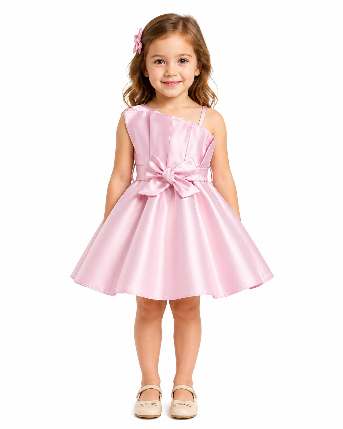 Baby Girl Pink Satin Asymmetrical Dress With Waist Belt thumb 2