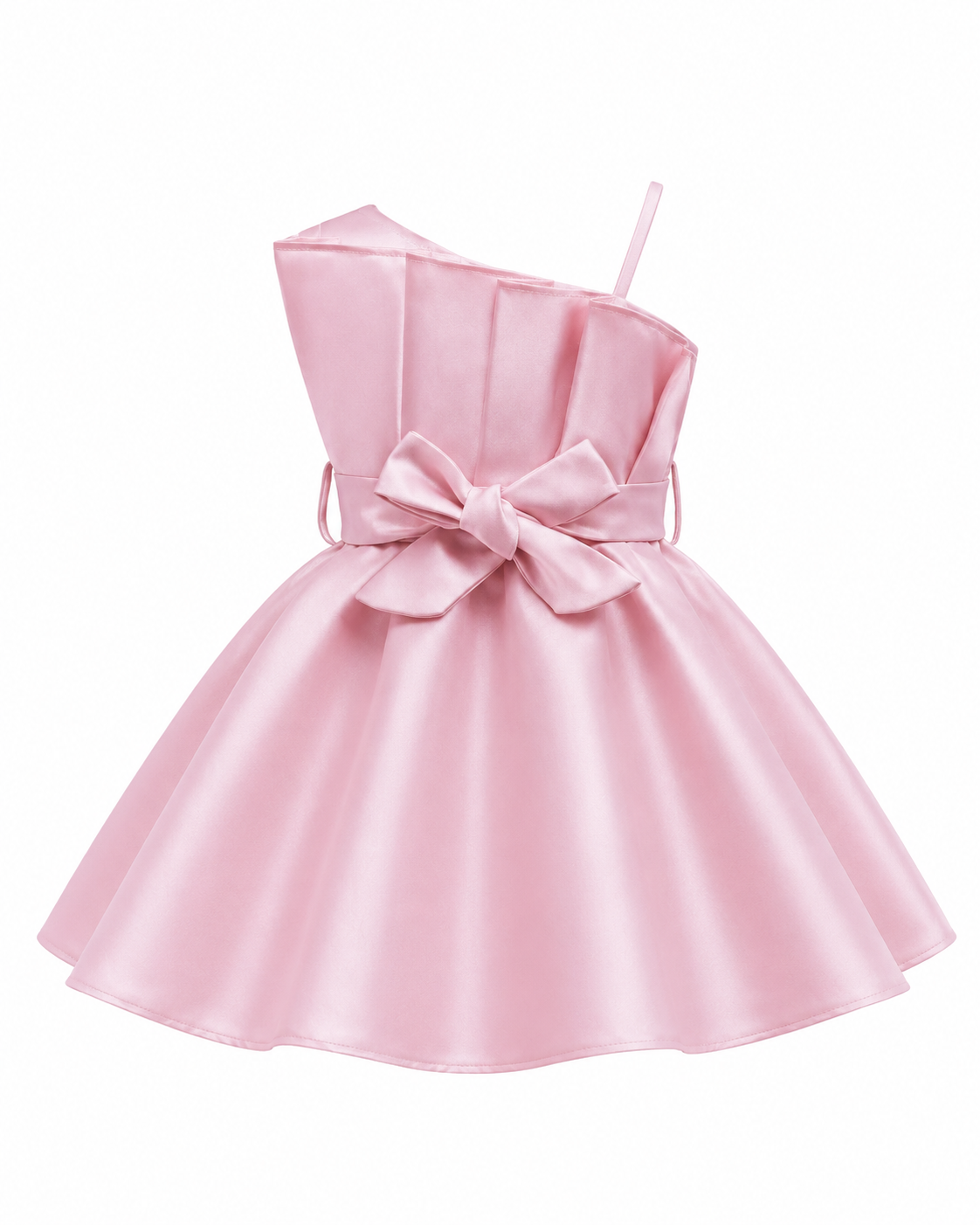 Baby Girl Pink Satin Asymmetrical Dress With Waist Belt