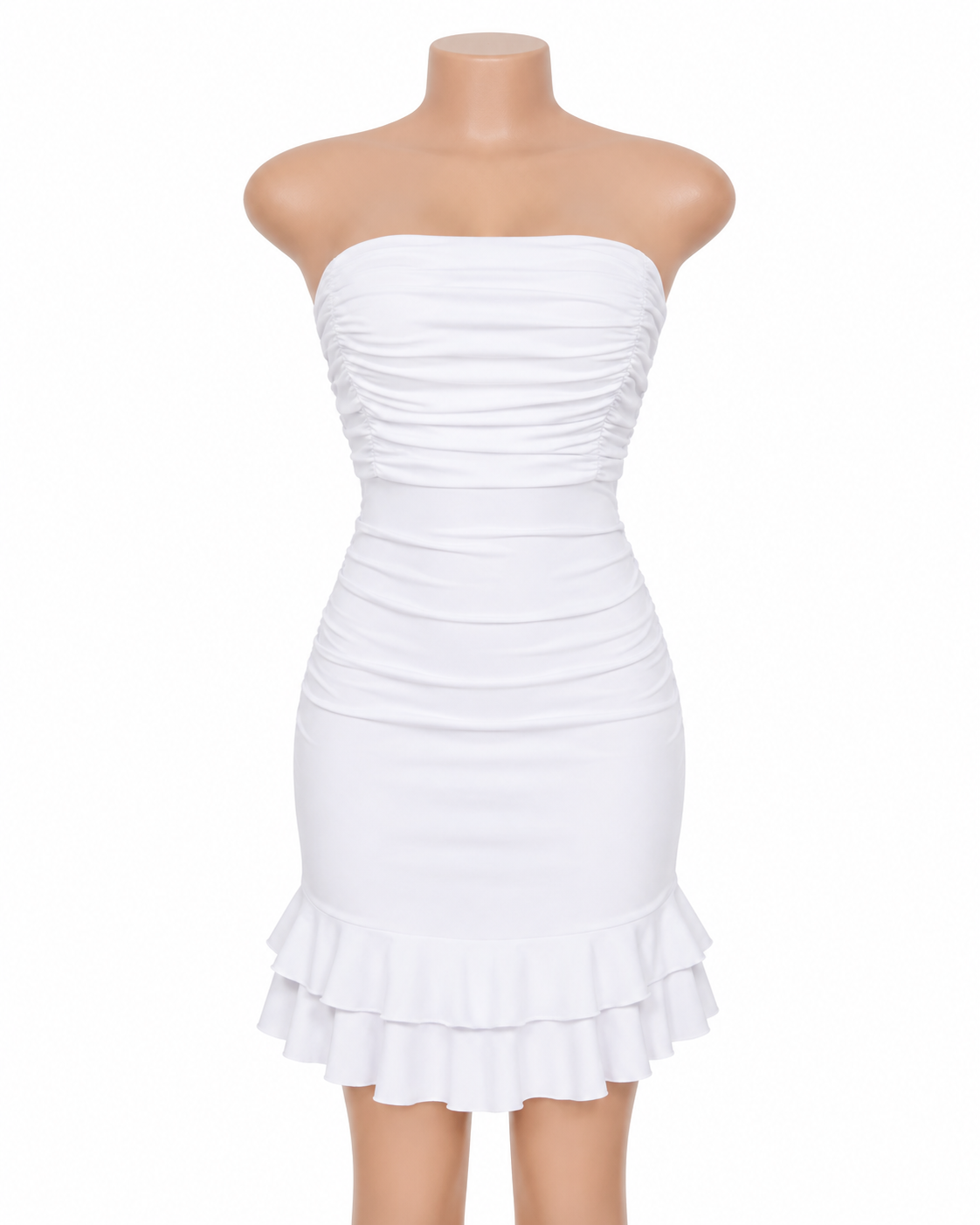 Women’s White Ruched Strapless Ruffle Hem Dress thumb 2