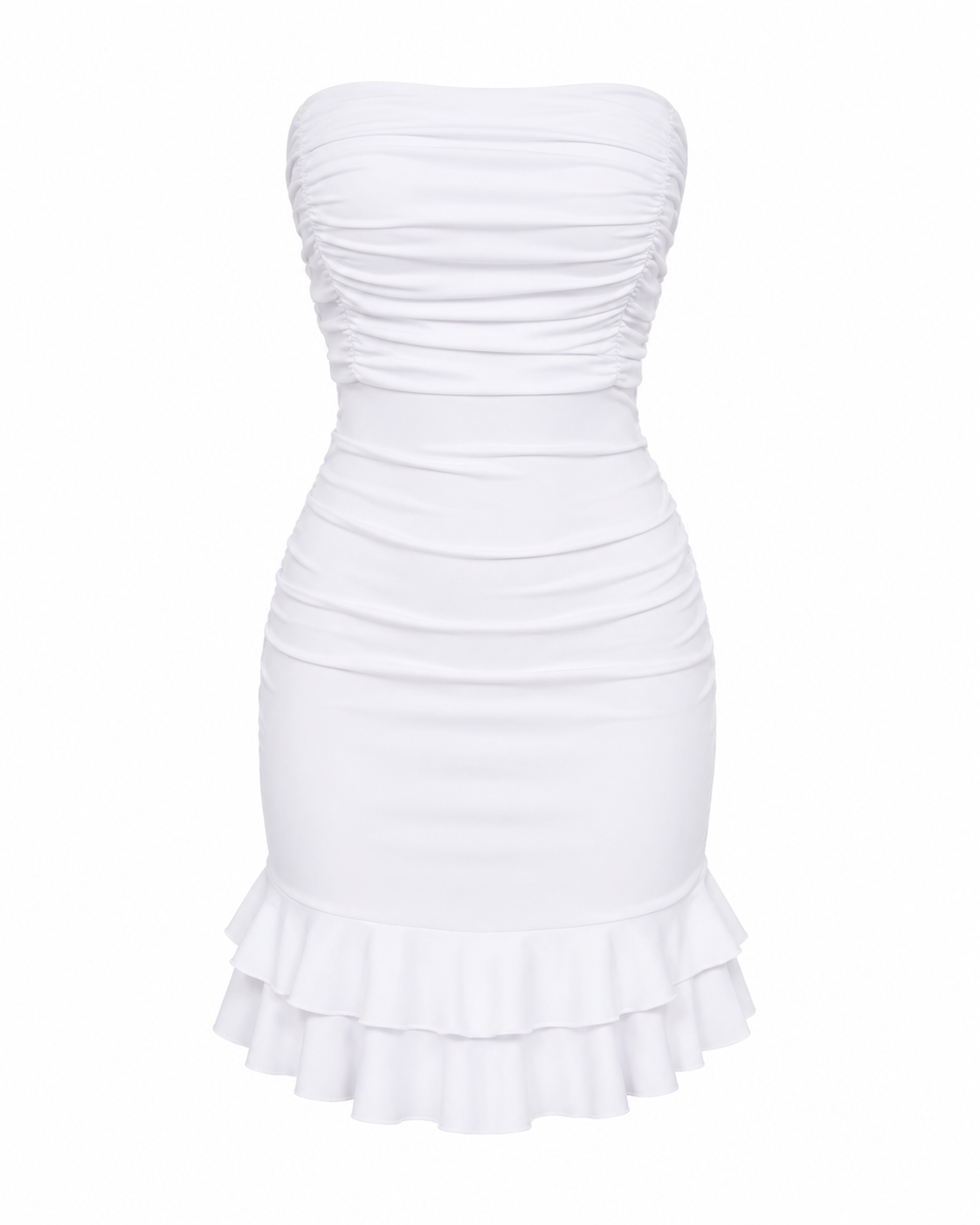 Women’s White Ruched Strapless Ruffle Hem Dress