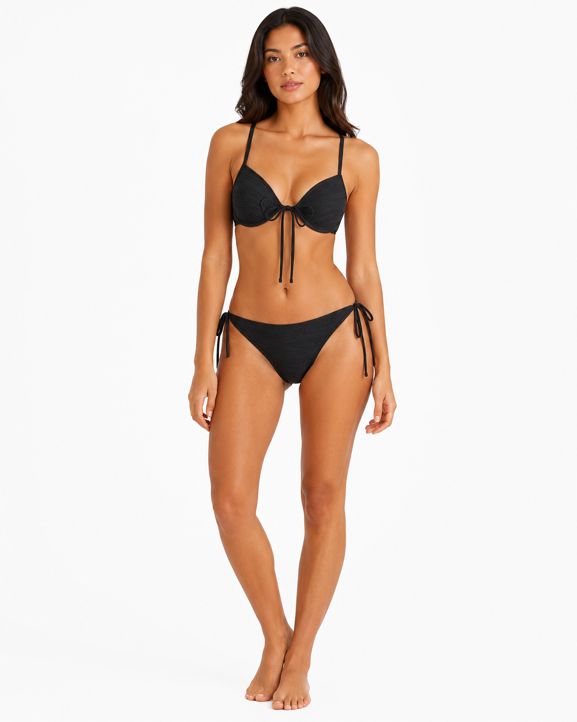 Black Textured Underwire Bikini Set with Side Tie Bottom thumb 2