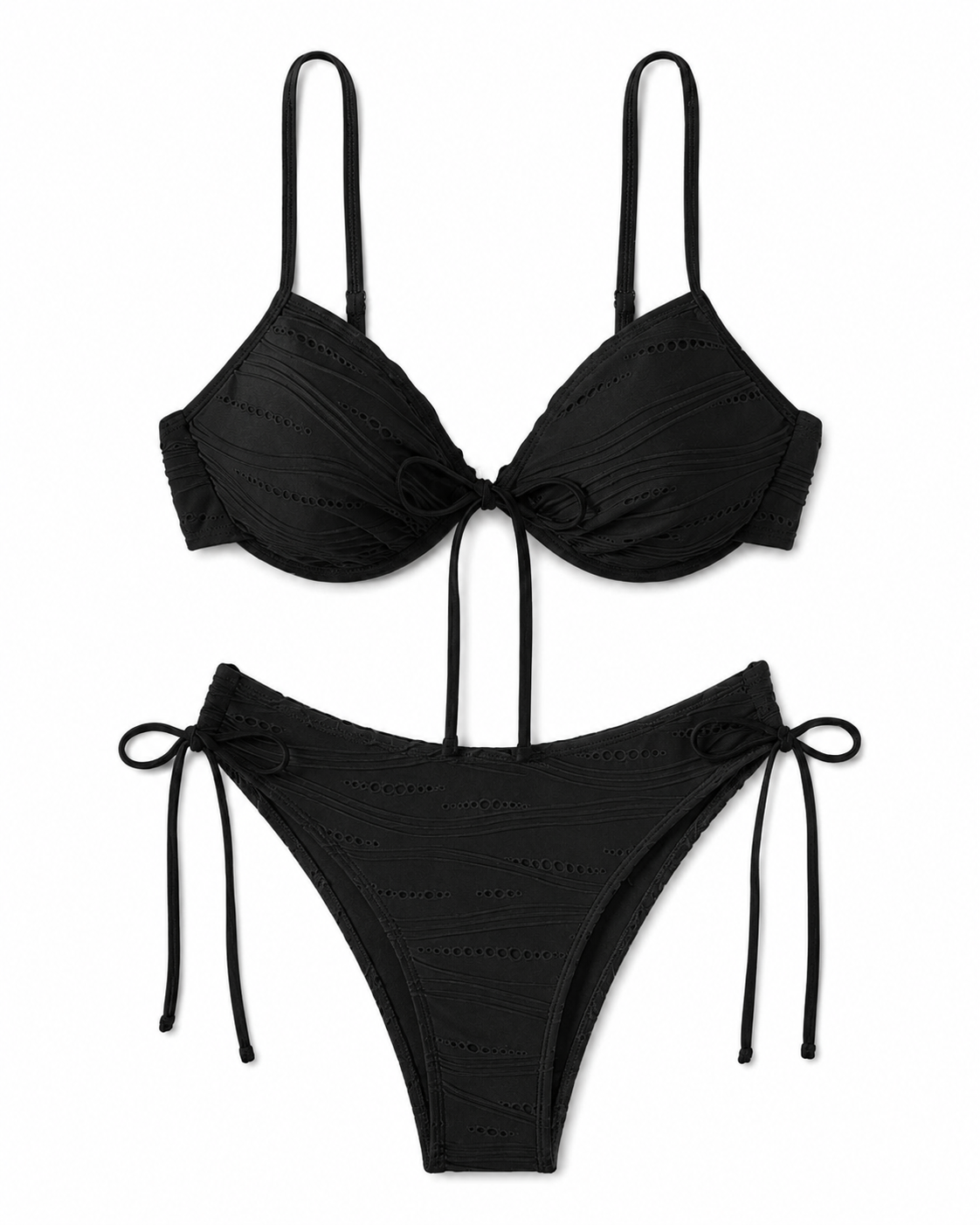 Black Textured Underwire Bikini Set with Side Tie Bottom