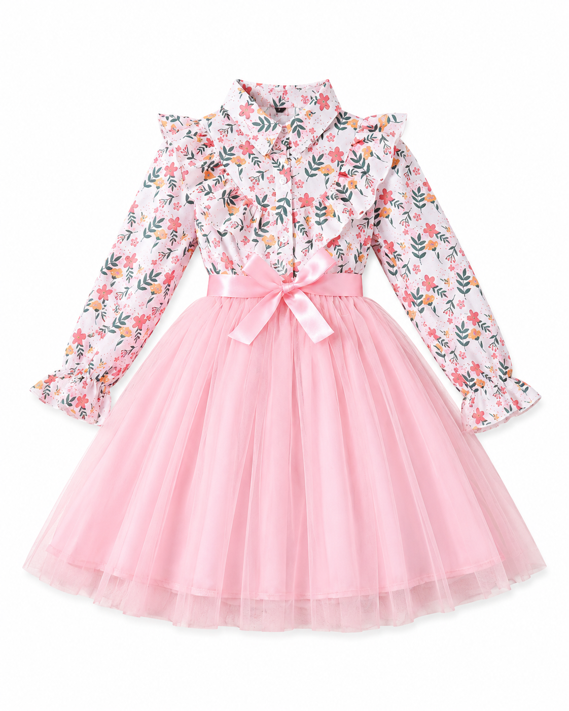 Tween Girls Floral Long Sleeve Mesh Dress