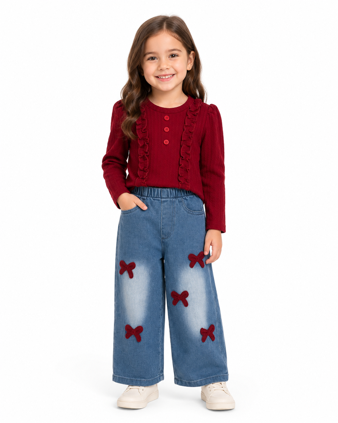 Toddler Girls Ruffle Top & Bow Jeans Set thumb 2