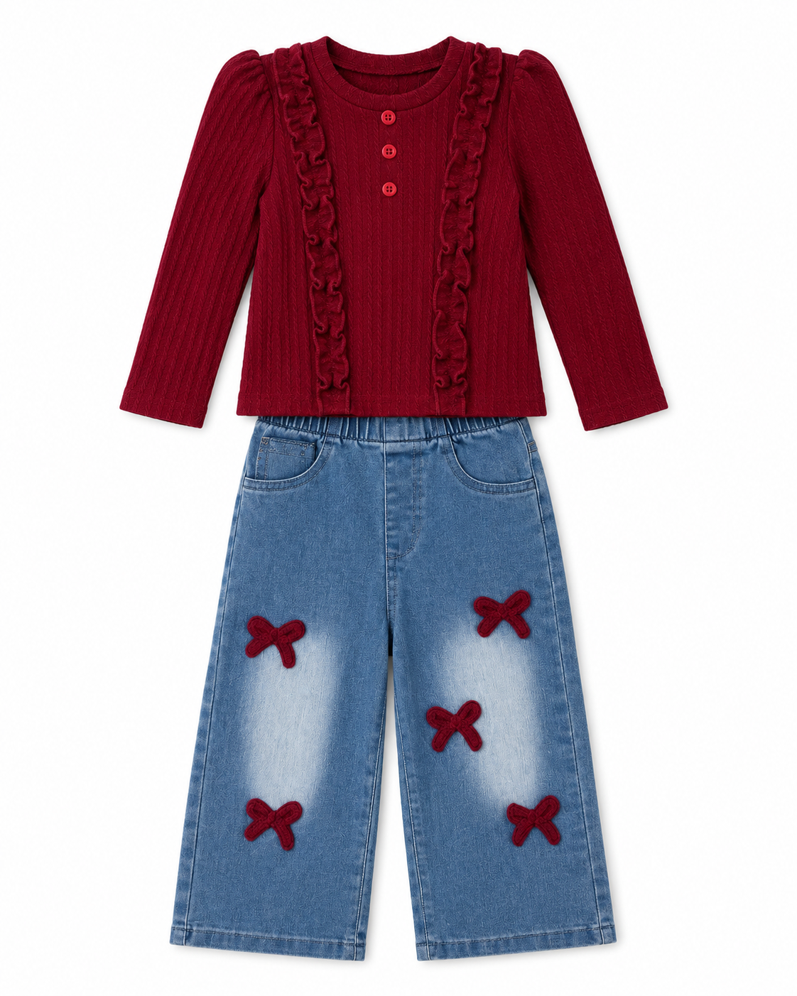 Toddler Girls Ruffle Top & Bow Jeans Set