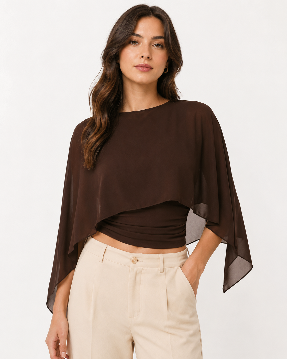 Women Brown Chiffon Cape Overlay Top thumb 2