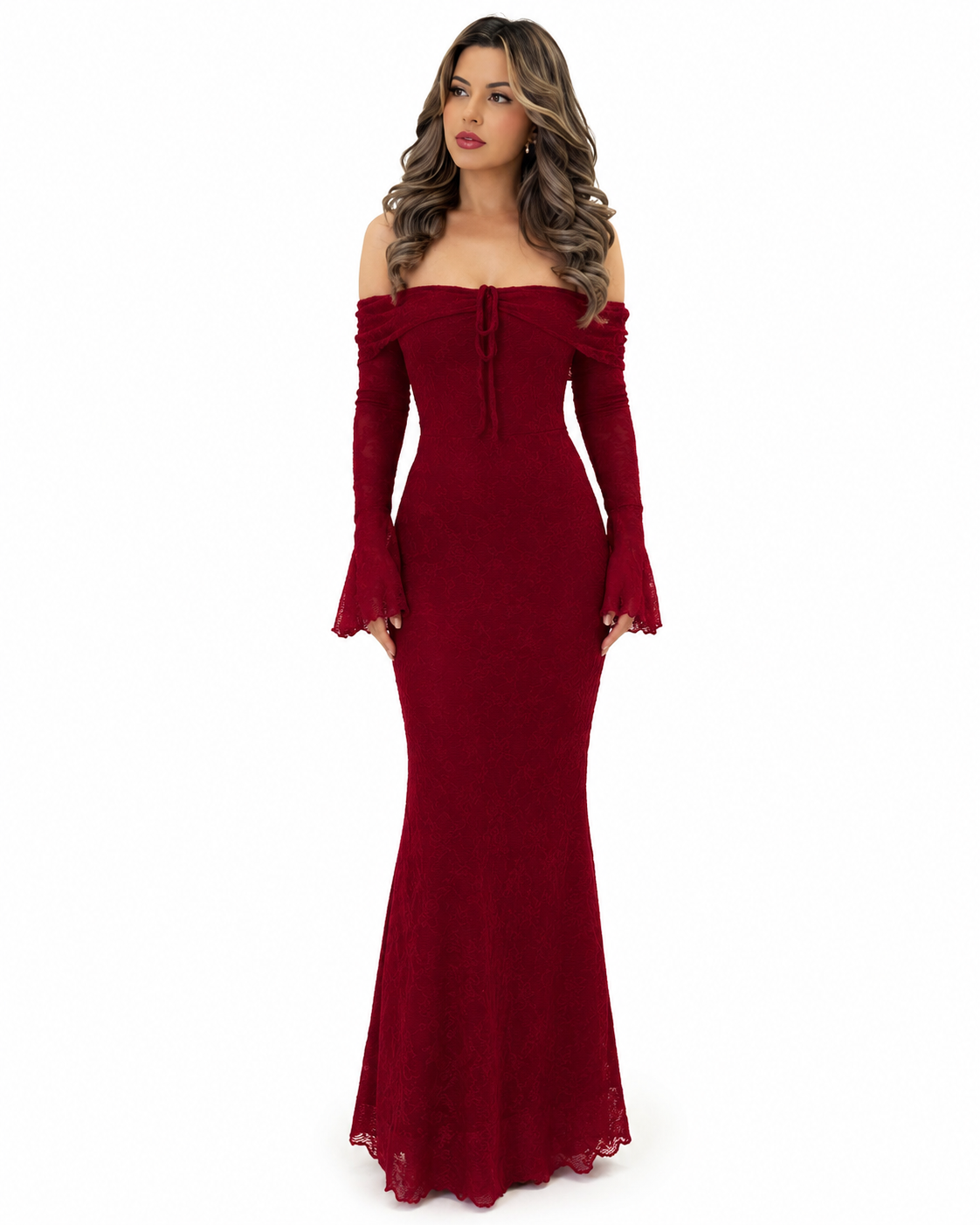 Women Off Shoulder Long Sleeve Front Tie Bodycon Maxi Dress thumb 2