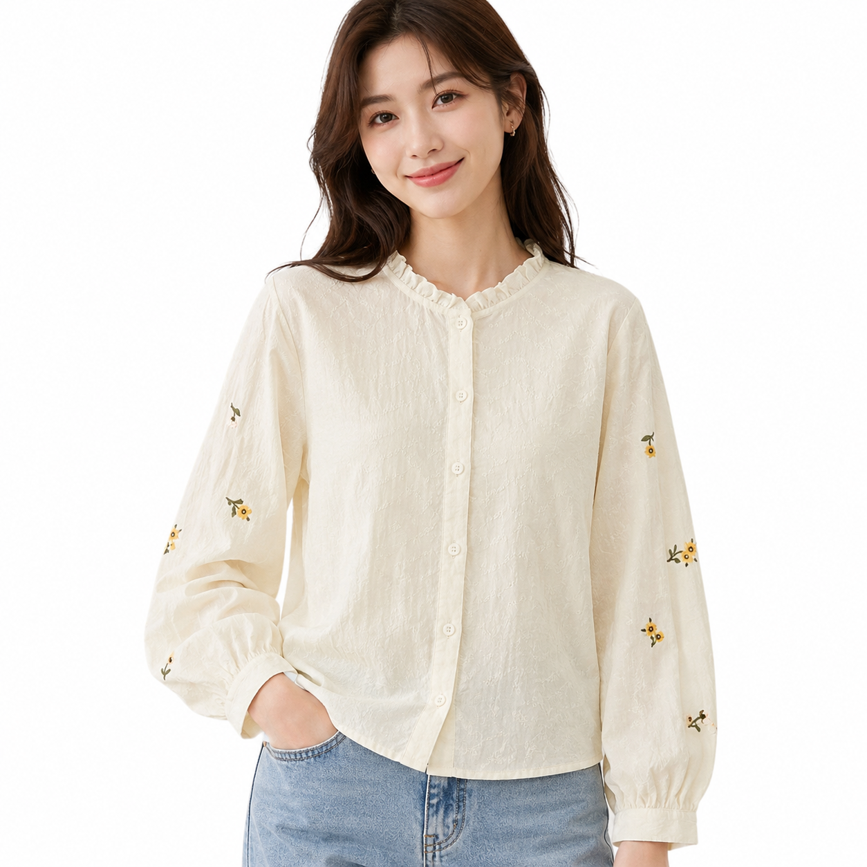 French Style Lace Trim Embroidered Floral Blouse thumb 2