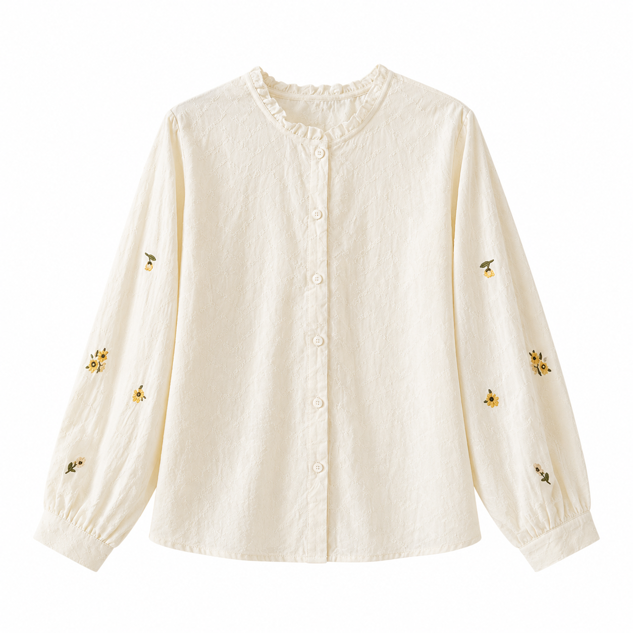 French Style Lace Trim Embroidered Floral Blouse