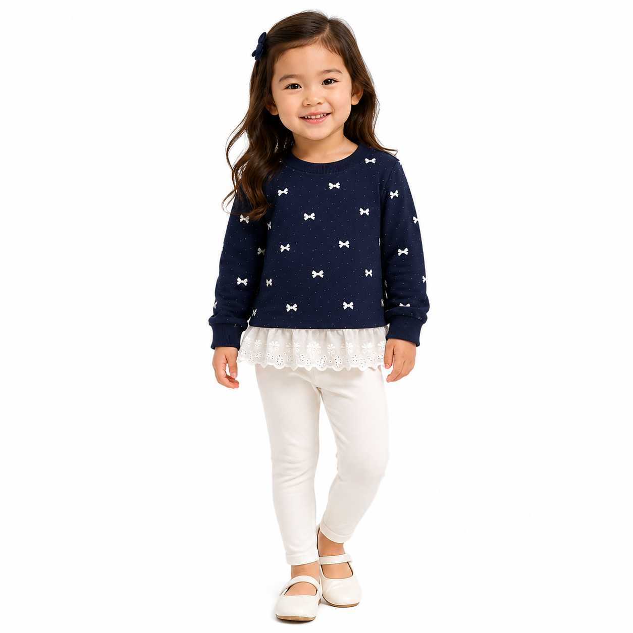 Baby Girls Bow Print Lace Hem Long Sleeve Top thumb 2