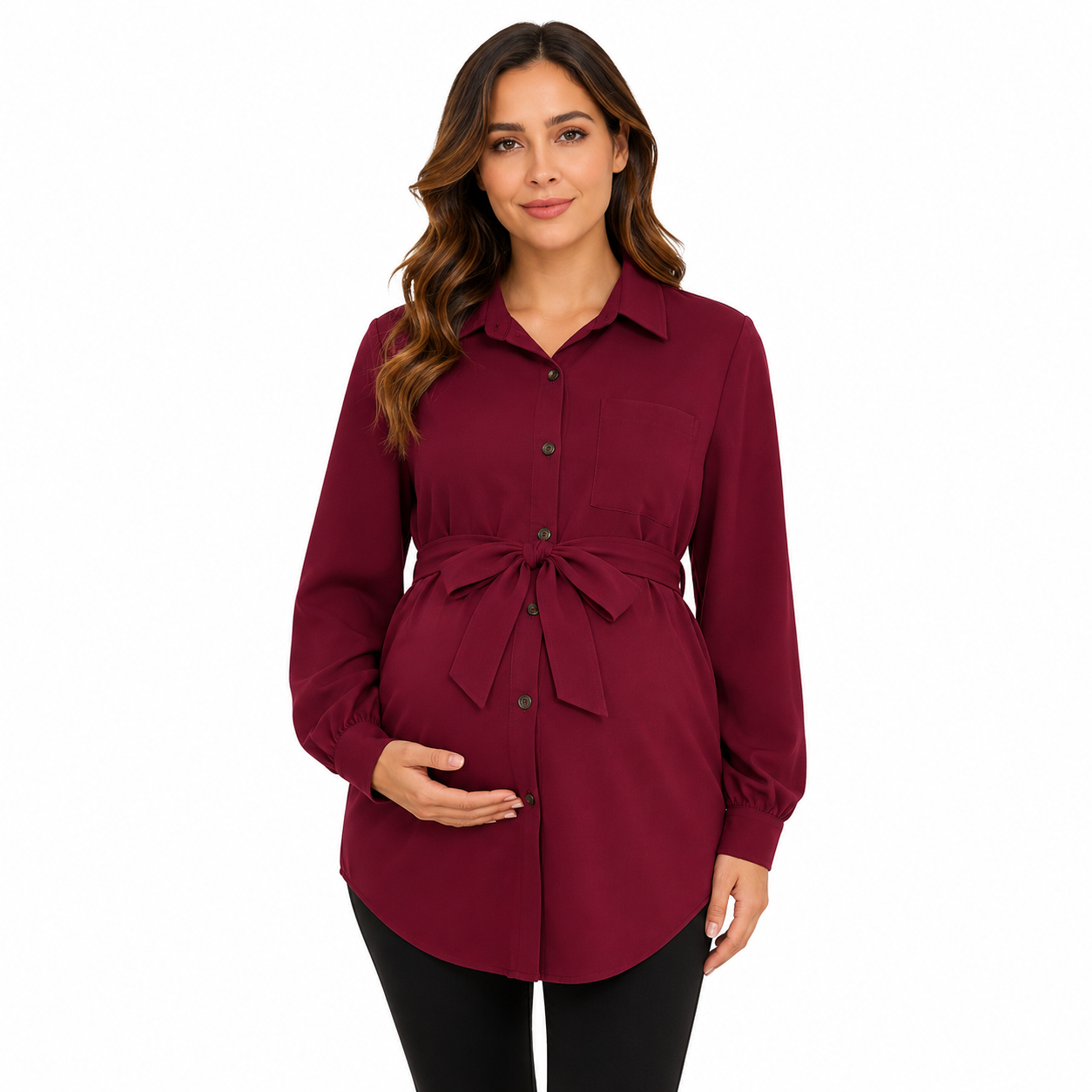 Women’s Burgundy Belted Shirt Blouse thumb 2