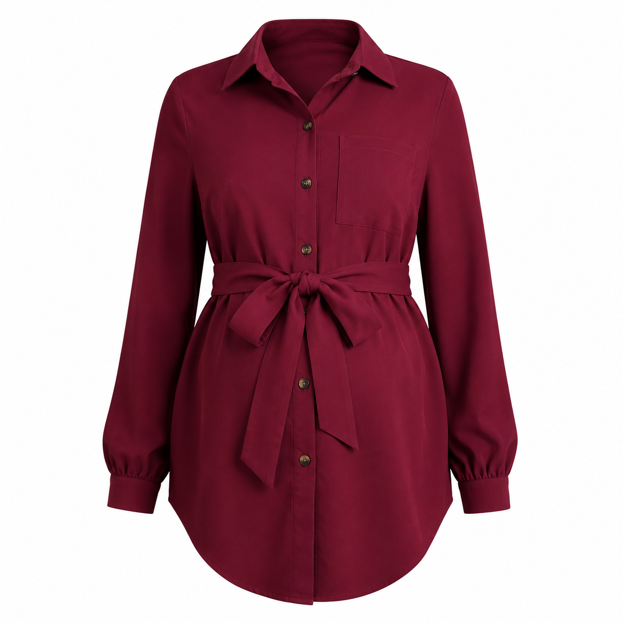 Women’s Burgundy Belted Shirt Blouse