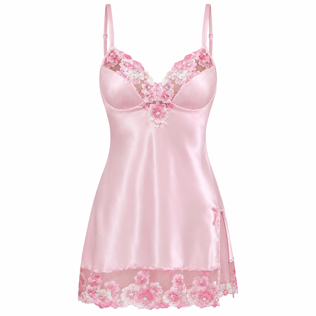 Women’s Pink Satin Embroidered Nightgown Set