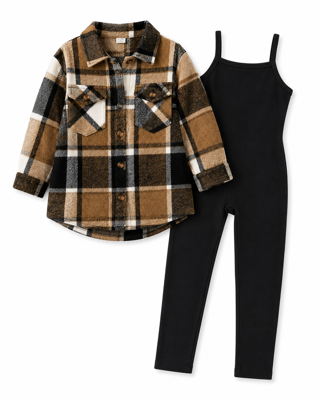 Kids 2pcs/Set Toddler Girls’ Vintage Plaid Shacket and Casual Jumpsuit