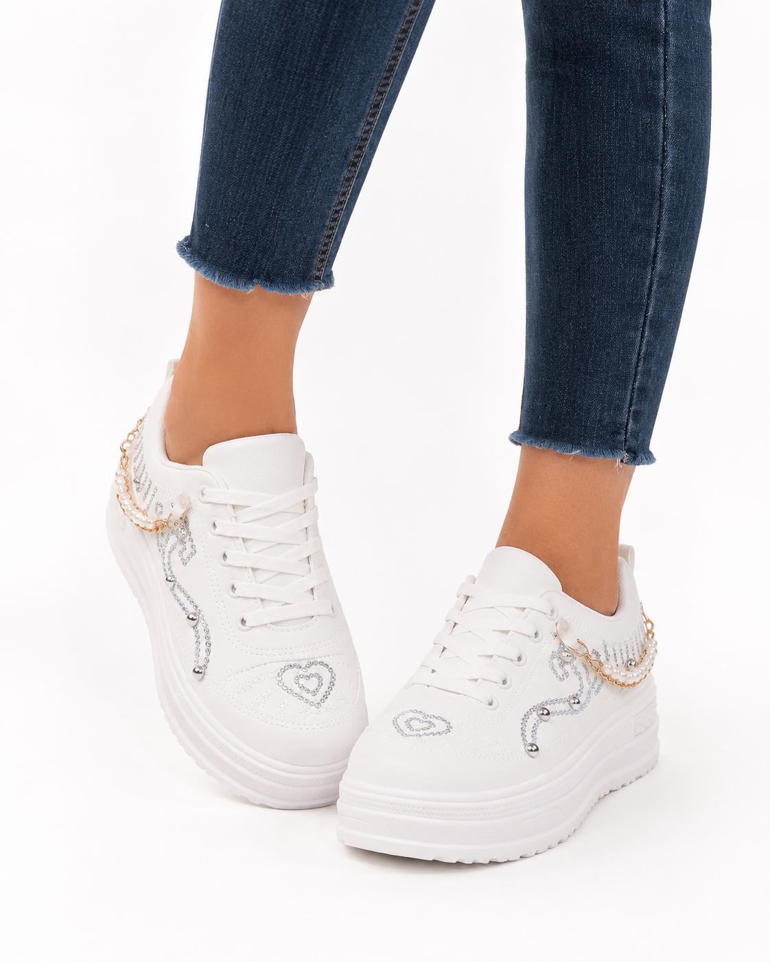 Women’s White Platform Sneakers with Pearl Chain thumb 2