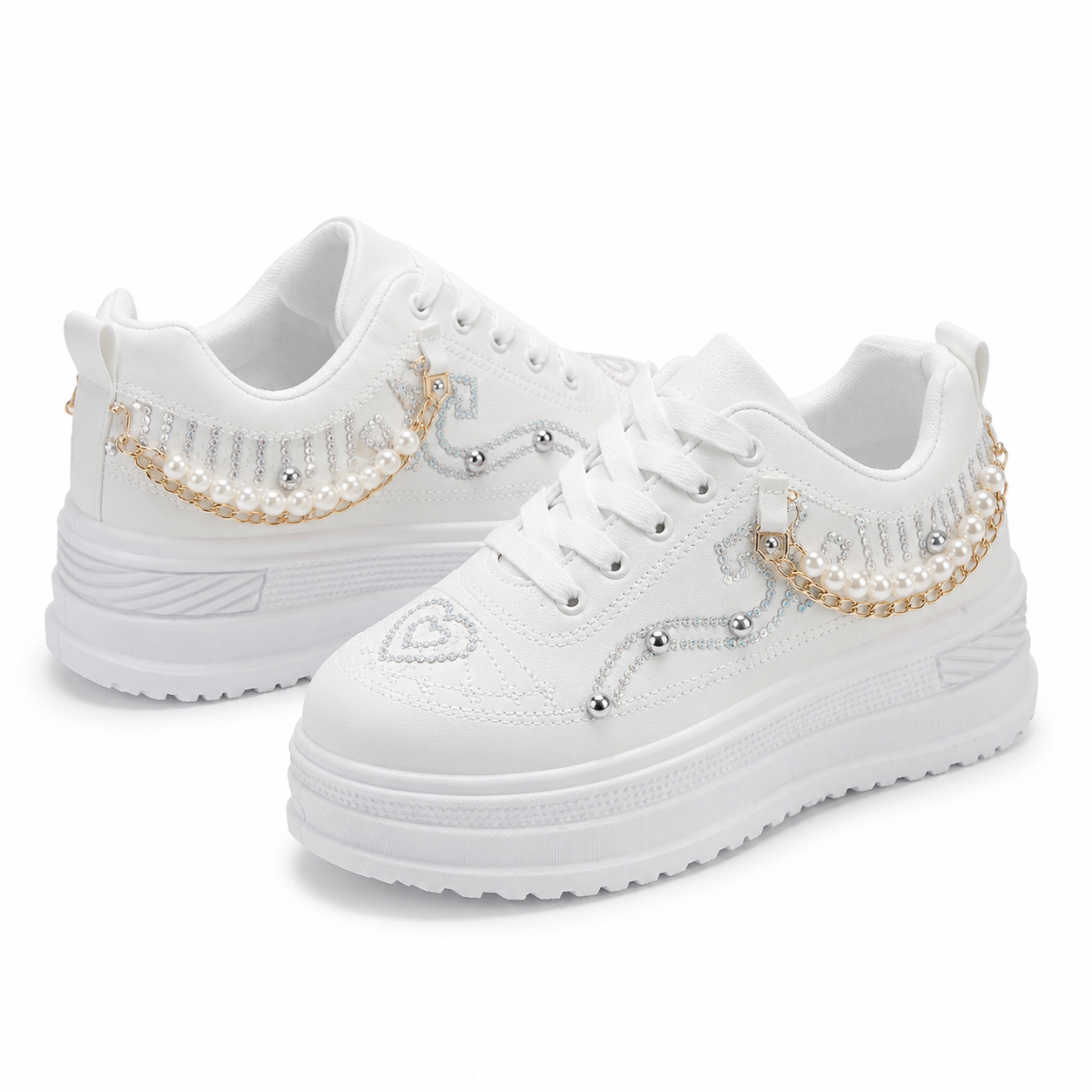 Women’s White Platform Sneakers with Pearl Chain thumb 3